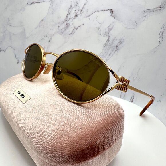 New MIU MIU Sunglasses Gold Oval Skinny Metal Frame Italy 100% Authentic main image 11